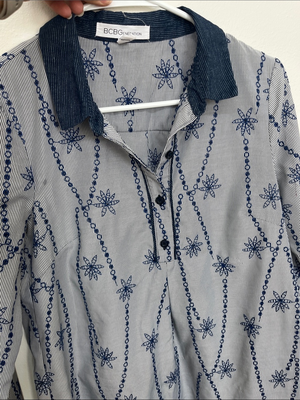 BCBGeneration Navy & White Striped Embroidered Button Shirt